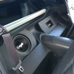 MMats Pro 10' sub, Mmats 4 channel amp, custom box and custom trim panel in Nissan 370Z