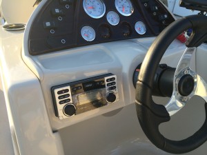 Clarion CMD8 water proof bluetooth head unit installed in a 24' 2014 Sun Chaser pontoon boat.