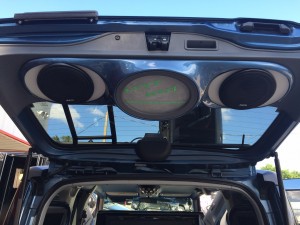 Completely custom molded rear hatch installed on a Honda Element mobile DJ vehicle.