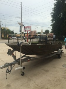 Motorguide trolling motor and break up camo swivel seats installed in a 2015 G3 Johnboat
