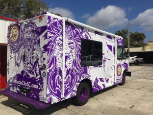 Custom wrap, 60" LG Smart TV, PA Speakers, Xbox, Rigid Lights and custom seats for Orlando City Soccers street team truck