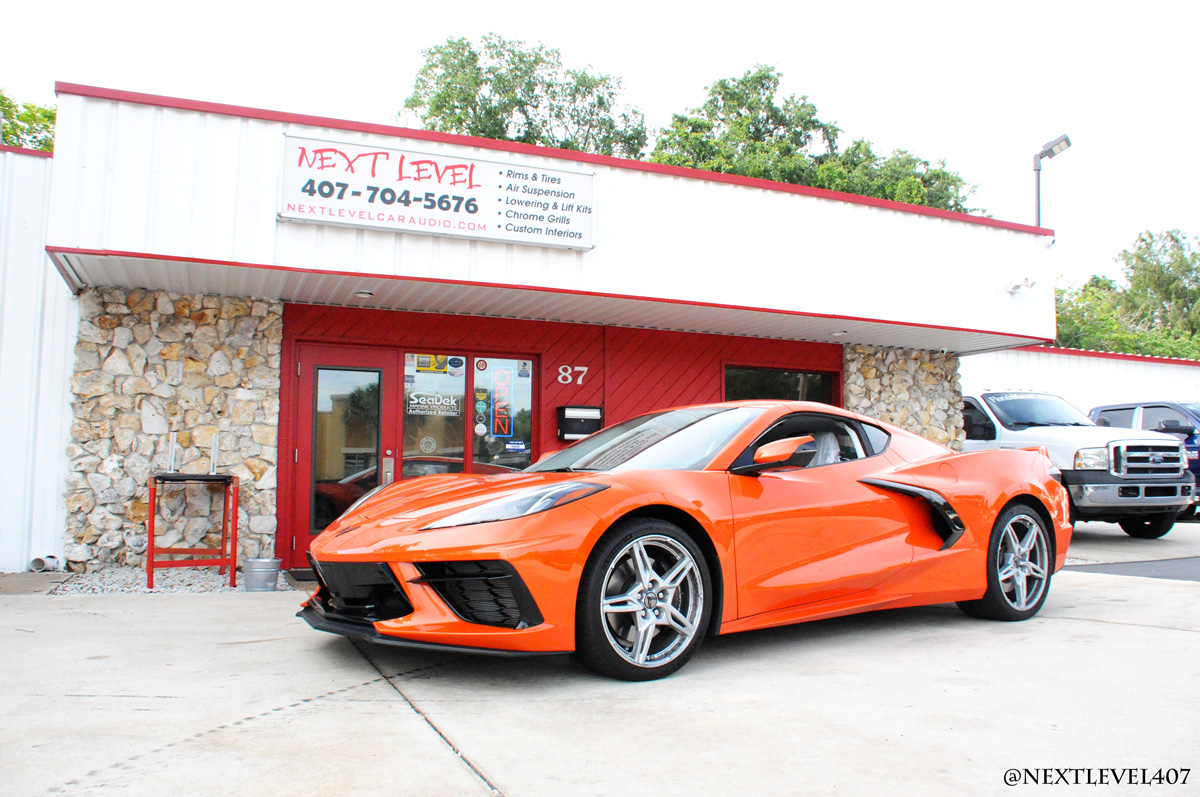 Orange-Corvette-K40-Speed-Trap-Sensor-Custom-Install-Next-Level-Front-Bumper-Store-Driver-Side-Full-Profile