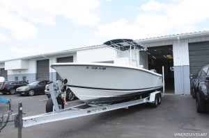 White-Contender-Fishing-Boat-Yamaha-Engines-Custom-SeaDek-Marine-Flooring-Blue-Grey-Pattern-Full-Profile-On-Trailer