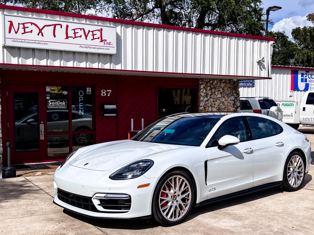 Next Level White Porsche Panamera GTS K40 Install Orlando Store Front Profile